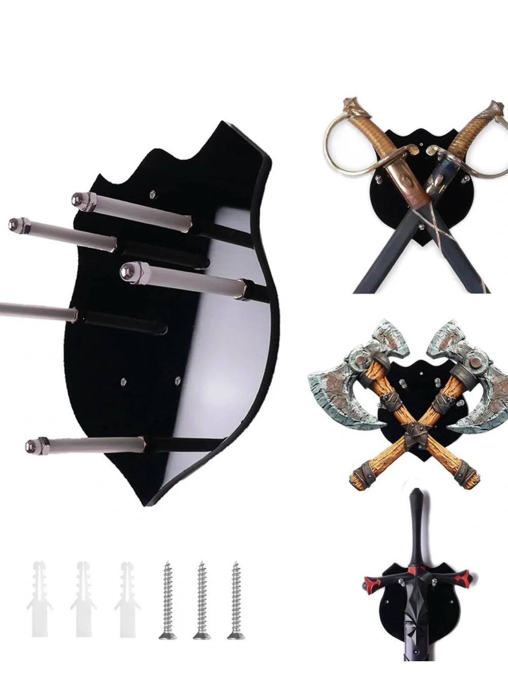 Black Wall-Mount Sword Display Rack with Metal Pegs
